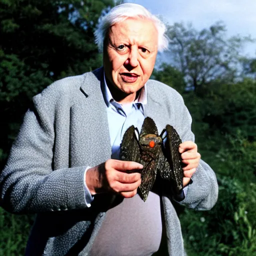 Prompt: Sir David Attenborough holding a small Mothman