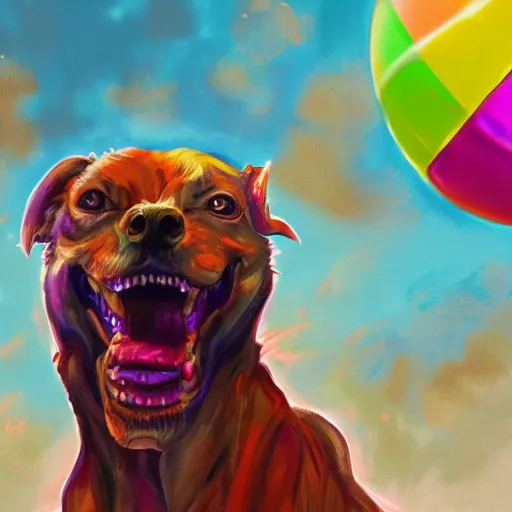 Image similar to snarling hell hound playing with a colorful beachball in hell, digital painting, trending on artstation