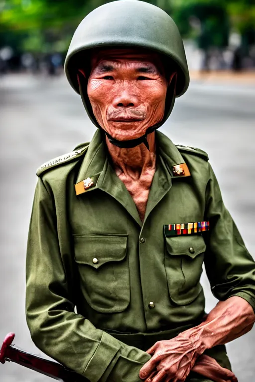Prompt: vietnam soldier with skateboard, pulitzer award, big close up, captured by nikon d 8 5 0, 4 k, body features, face features, bokeh, proportional, object features, by daniel berehulak and adnan abidi and preston gannaway