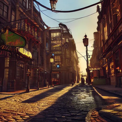 Prompt: Photorealistic steampunk city streets. Daylight. Sunlight. Lens flare. Light fixtures. 8K. Detailed. Photorealism. Artstation. 25mm.