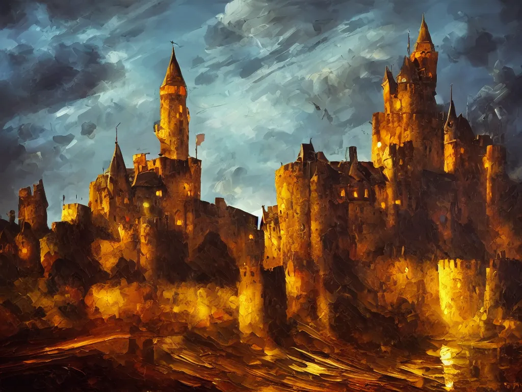 Image similar to modern stylized oil painting of medieval castle, american romanticism, bright art, cinematic dramatic lighting