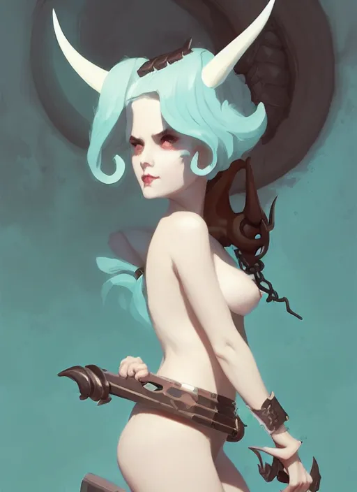 Image similar to portrait of cute succubus girl with horns, warhammer, by atey ghailan, by greg rutkowski, by greg tocchini, by james gilleard, by joe gb fenton, by in kaethe butcher, dynamic lighting, gradient light blue, brown, blonde cream and white color in scheme, grunge aesthetic