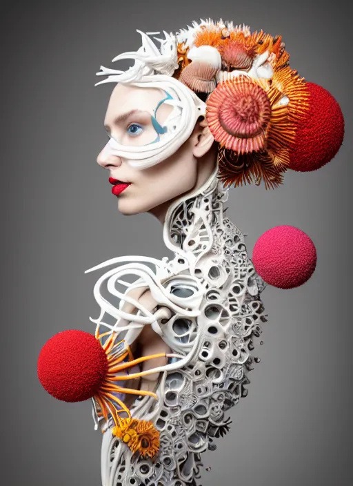 Prompt: biomechanical beautiful woman portrait with a smooth carved porcelain ivory profile face, futuristic haute couture, iris van herpin, headdress with daisies, colorful puffballs, mushrooms, rhizomorphs, brackets, sponge corals, laser cut paper, red lips, leaves tendrils, hyper detailed, ultra sharp, 8 k, uhd