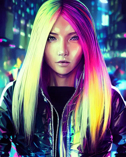 Prompt: detailed portrait neon guard girl with long straight blonde hair seen from the back, cyberpunk futuristic, reflective puffer jacket, black leggings, decorated with traditional ornaments in front of a dystopian crowd with piles of garbage, perfect face, fine details, realistic shaded, fine - face, pretty face by rossdraws