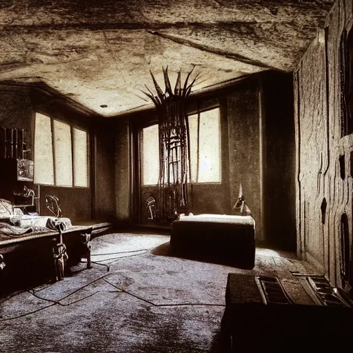 Image similar to wide angle photograph of a cozy bedroom designed by hr giger