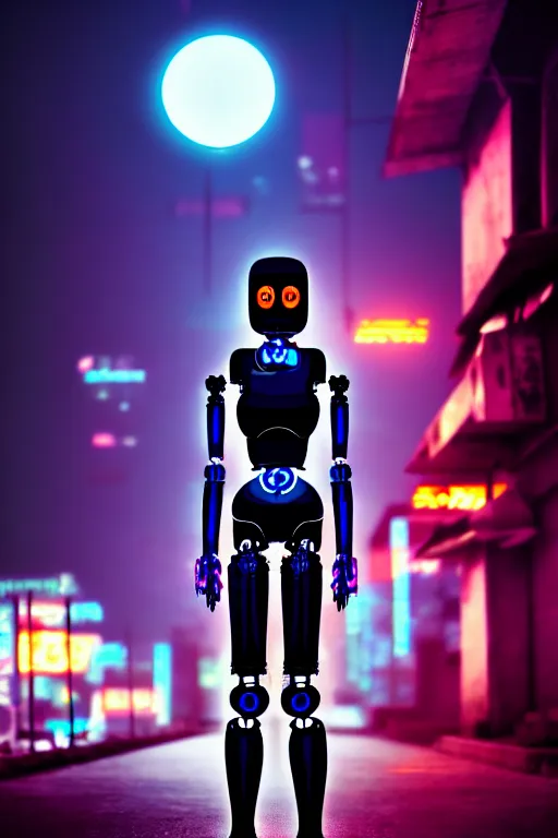 Prompt: a full body portrait cyberpunk robot - girl stands in a cyberpunk cambodian street, at night, cinematic lighting, very detailed, style by tomino - sama