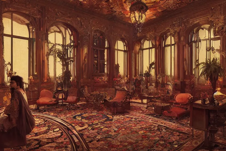 Image similar to a bohemian parlor with sunbeams streaming in from tall windows, by Donato Giancola and Ludwig Deutsch and Evelyn De Morgan, floral embroidery, carved wood, oriental carpets,rich deep color, dramatic cinematic lighting, featured on Artstation, cgsociety, unreal engine