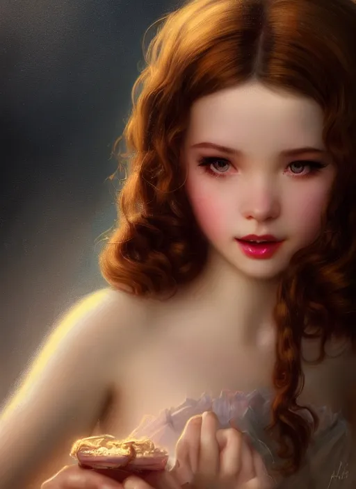 Prompt: of dark fantasy, young beautiful Belle Delphine, close up face portrait, medium shot, intricate, elegant, warm light, highly detailed, digital painting, volumetric light, artstation, concept art, smooth, sharp focus, illustration, art by Gil Elvgren and Adolf Wölfli and bruce pennington