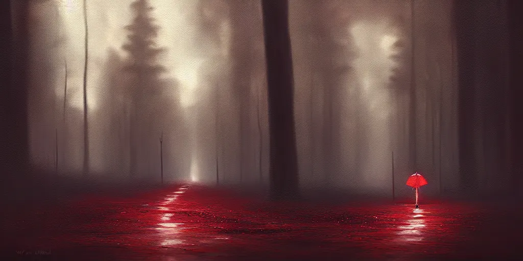 Image similar to concept art, of white red paper cup standing on empty road, macro shot!!! forest behind!!, detailed, dark concept art, dark skies painting by wlop, nixeu and greg rutkowski, beautiful, semirealism, artstation, octane render, oil painting, sharpness, 8 k, golden ratio