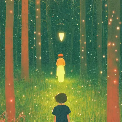 Prompt: a family walking in a beautiful luminous forest at night with fireflies, beautiful lighting, risograph, by ghibli, ross tran, hiroshi yoshida, klimt