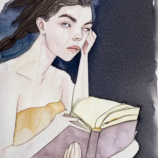 Image similar to full body detailed watercolor illustration of alien anya taylor - joy mixed with jennifer connelly, reading a book, unsettling, hooded long black feathered cloak, uncanny valley, with black feathers instead of hair, gothic, guillermo del toro, gray mottled skin, pale and sickly, profile view, - - ar 9 : 1 6