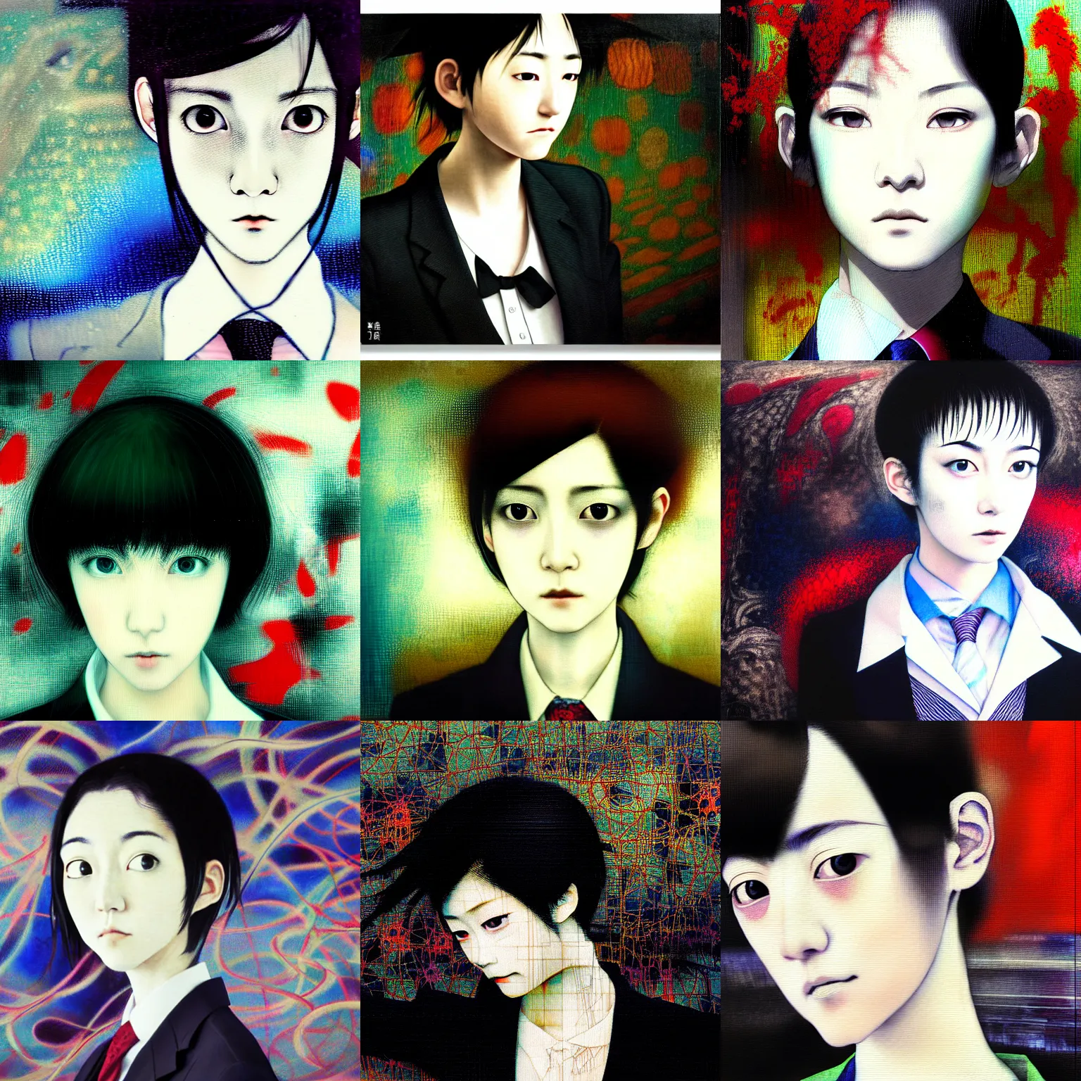 Image similar to yoshitaka amano blurred and dreamy realistic three quarter angle portrait of a young woman with short hair and black eyes wearing office suit with tie, junji ito abstract patterns in the background, satoshi kon anime, noisy film grain effect, highly detailed, renaissance oil painting, weird portrait angle, blurred lost edges