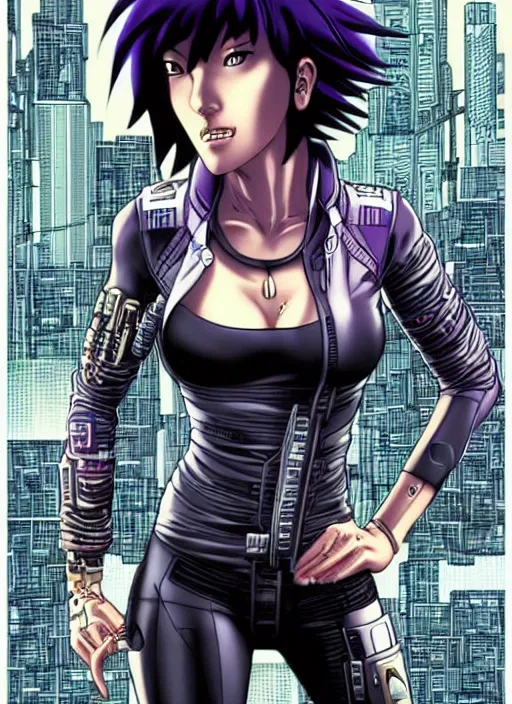 Image similar to motoko kusanagi in grungy cyberpunk megacity, intricate and finely detailed, cyberpunk vaporwave, portrait by j scott campbell, phil jimenez, ilya kuvshinov