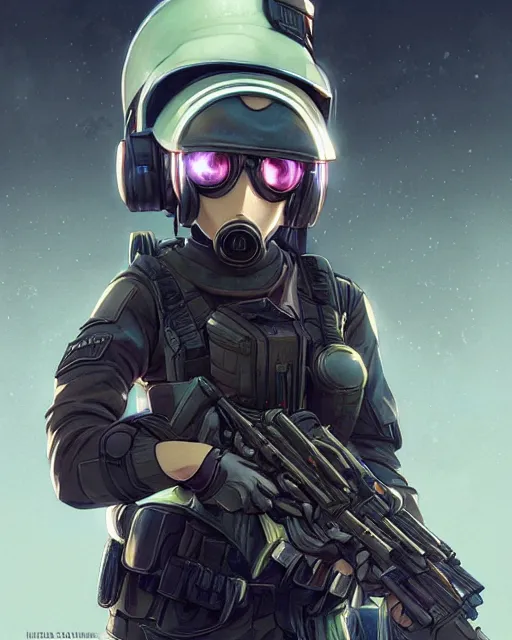 Prompt: anime key visual of a young female swat officer, neon, gas mask, cyberpunk, futuristic, stunning, highly detailed, digital painting, artstation, smooth, soft focus, illustration, art by artgerm and greg rutkowski and alphonse mucha