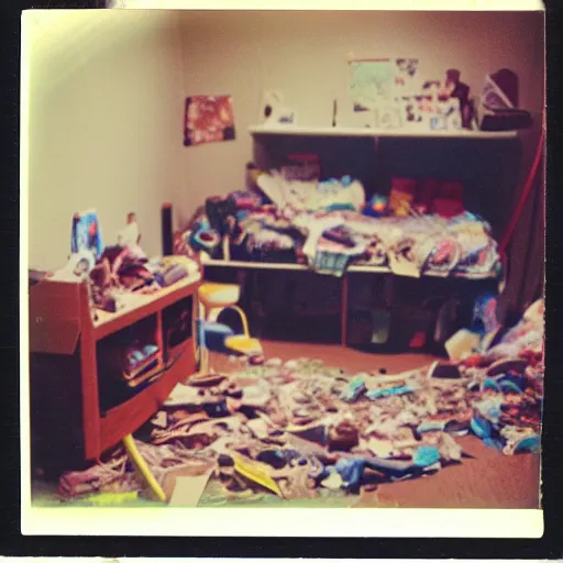 Prompt: paranormal polaroid of a messy children room, kodachrome, 3 5 mm film, poltergeist.