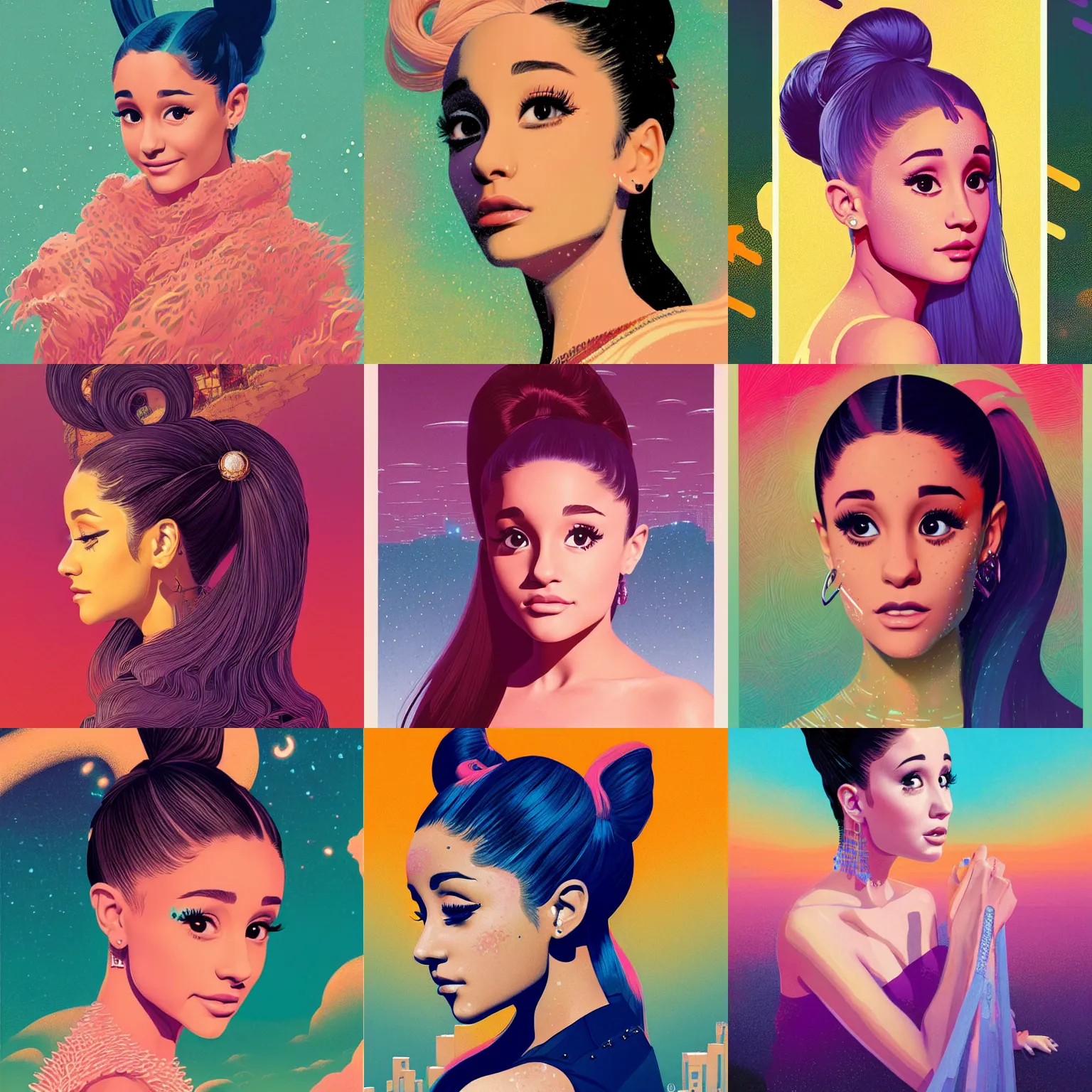 Prompt: Ariana Grande portrait by Victo Ngai and James Gilleard and Bruce Pennington