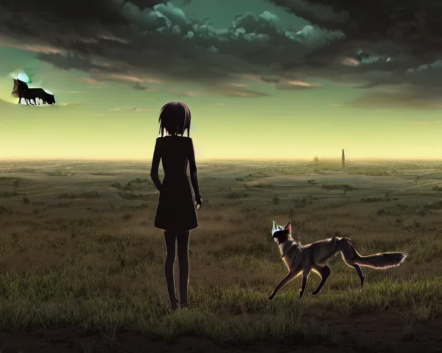 Prompt: a single coyote warns a single innocent black haired girl of quantum apocalyse | intricate | 8 k detail | animation cinematic | anime | matte sharp painting | pastoral backyard setting | city view in the distance | ultrafine hyperdetailed illustration | pop art