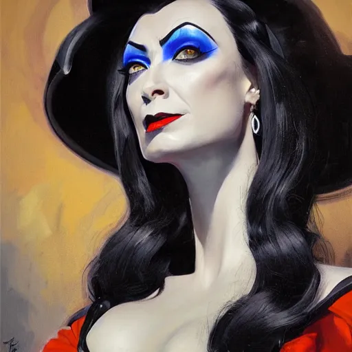 Image similar to greg manchess portrait painting of partially armored morticia from addams family as overwatch character, medium shot, asymmetrical, profile picture, organic painting, sunny day, matte painting, bold shapes, hard edges, street art, trending on artstation, by huang guangjian and gil elvgren and greg rutkowski