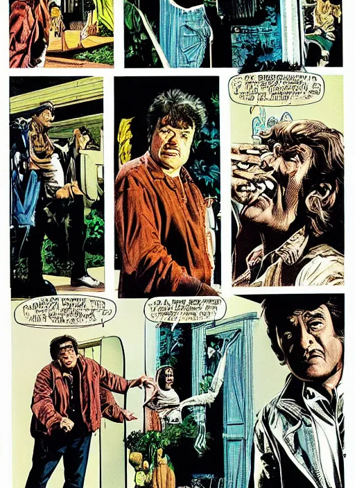 Image similar to Columbo in Creepshow (1982), comic book panels, artwork by Bernie Wrightson, full color, detailed