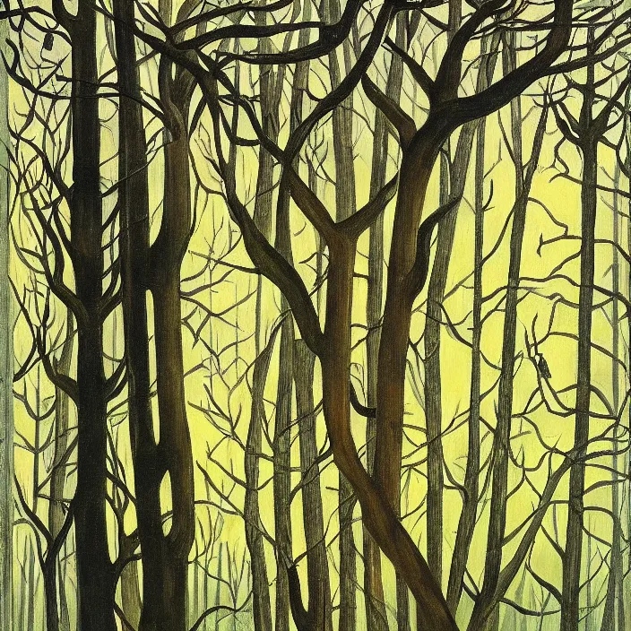 Prompt: charles burchfield art painting, beautiful arboreal forest by Adriaan Herman Gouwe