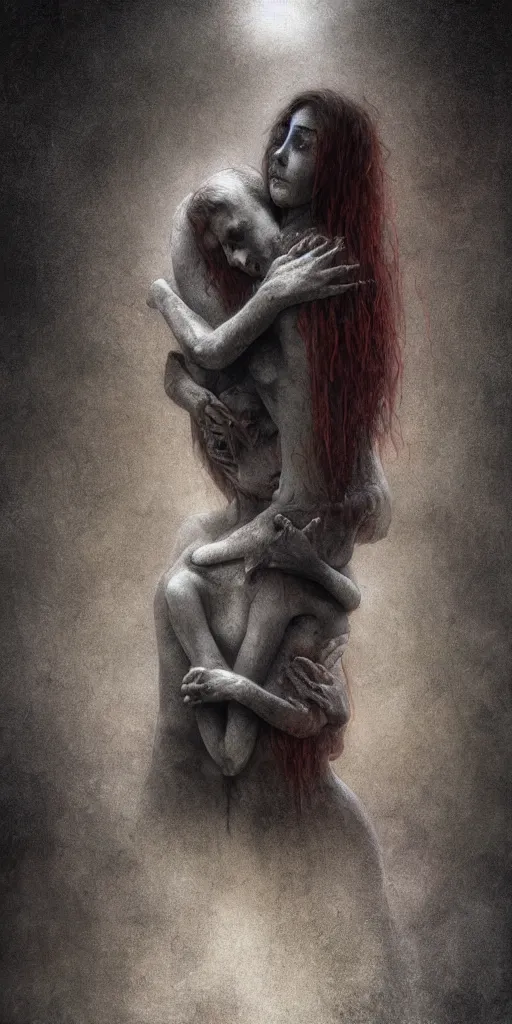 Image similar to death child and women hugging, in the style of keith thompson and zdzislaw beksinski, artstation hd, 8 k, surrealistic digital artwork, post apocalyptic street