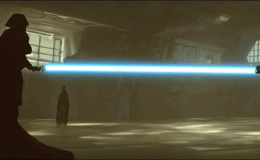 Image similar to iconic wide cinematic screenshot from the sith planet where lightsabers are made, from the thrilling scene from the 1 9 8 0 s lost jedi film, moody cinematography, foggy volumetric lighting, hyper detailed scene, anamorphic lenses 2 4 mm, lens flare, award winning