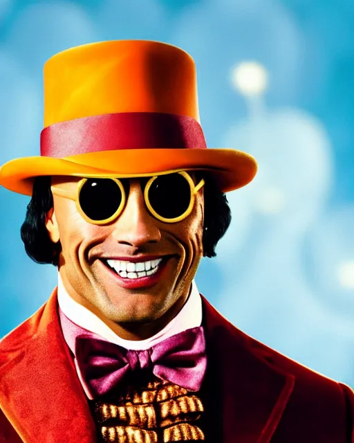 Image similar to Film still close-up shot of Dwayne Johnson as Willy Wonka from the movie Willy Wonka & The Chocolate Factory. Photographic, photography