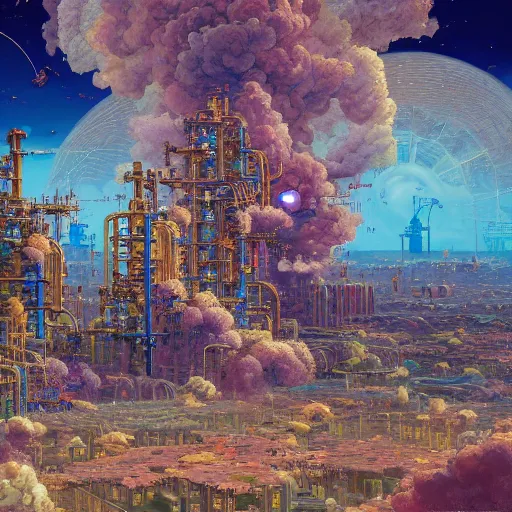 Prompt: a beautiful oil painting of a flying atomic modular plant, 4k unreal engine renders, ultra-wide angle, by victo ngai, Jen Yoon, Geof Darrow, Peter Mohrbacher, johfra bosschart,Thomas Kinkade,miho hirano , HD, pastel color scheme