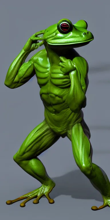 Image similar to muscular green frog man, character art, HD render 4k