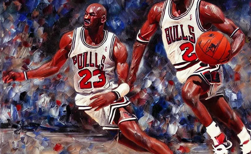 Image similar to beautiful painting of Michael Jordan!!!! playing basketball, NBA Finals, oil painting, masterpiece, highly detailed and ultra realistic, trending on artstation