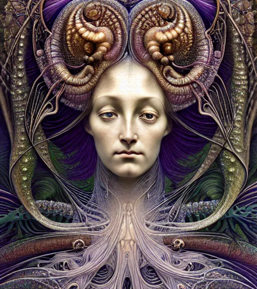 Image similar to detailed realistic beautiful alexandrite goddess face portrait by jean delville, gustave dore, iris van herpen and marco mazzoni, art forms of nature by ernst haeckel, art nouveau, symbolist, visionary, gothic, neo - gothic, pre - raphaelite, fractal lace, intricate alien botanicals, biodiversity, surreality, hyperdetailed ultrasharp octane render