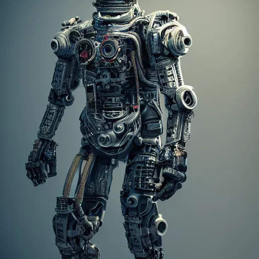 Image similar to Full lenght view Photography of ultra mega super hyper realistic detailed warmachine by Hiromasa Ogura . Photo on Leica Q2 Camera, Rendered in VRAY and DaVinci Resolve and MAXWELL and LUMION 3D, Volumetric natural light. Wearing cyberpunk suit with many details by Hiromasa Ogura .Rendered in VRAY and DaVinci Resolve and MAXWELL and LUMION 3D, Volumetric natural light