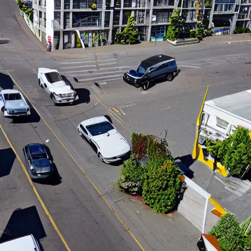 Image similar to A overhead shot taken from the second floor of a brown man parallel parking a white work van, in Vancouver, BC