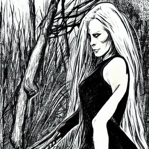 Image similar to tall slender woman with long grey hair in a black dress walking out of a swamp, concept art, high resolution, high quality, highly detailed, elaborate, by ec comics,