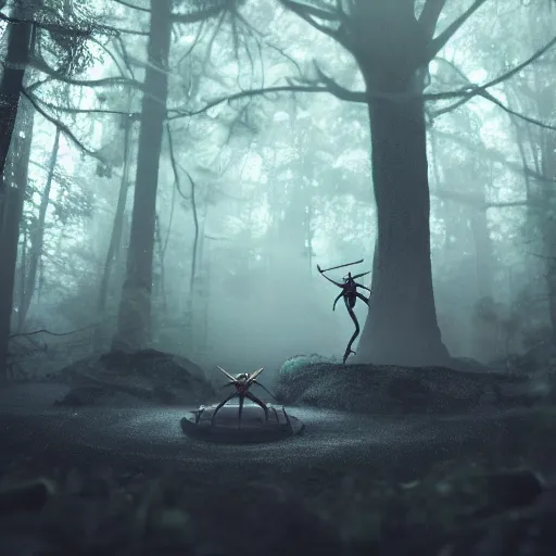 Prompt: a photo of soldier stand across huge alien arachnoid bug, old road in the forest lomography photo, playstation 5 screenshot, fine details, rain, rtx reflections, fog, night, photorealistic, unreal engine, octane render, volumetric light, featured on cg society, 4 k, 5 0 mm bokeh