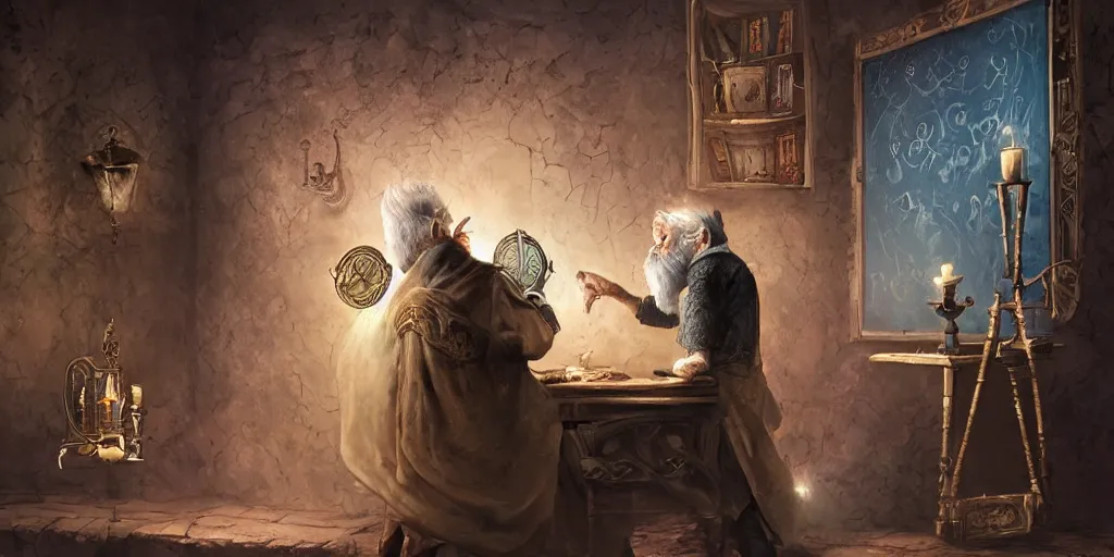 Prompt: back shot of wizened aristocrat examining the mysteries of tarot cards on a magical blackboard, fantasy art, matte painting, high quality, digital painting, artwork by tony sart