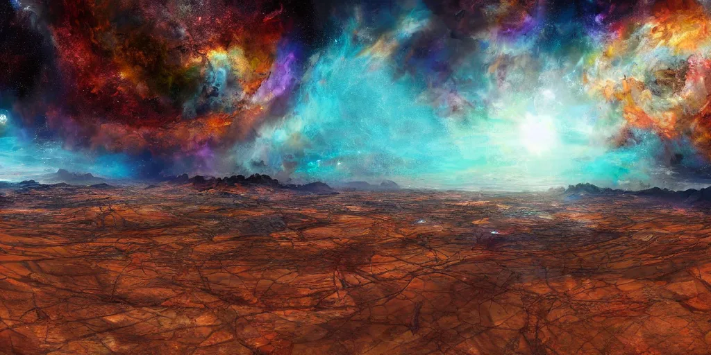 Image similar to the spectacular multiverse in the desert, equirectangular projection, painterly, artstation, digital painting, 8k