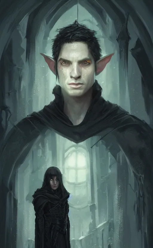 Image similar to Portrait of an elf in a black cloak, black hair, glowing eyes, male, detailed face, fantasy, highly detailed, cinematic lighting, digital art painting by greg rutkowski