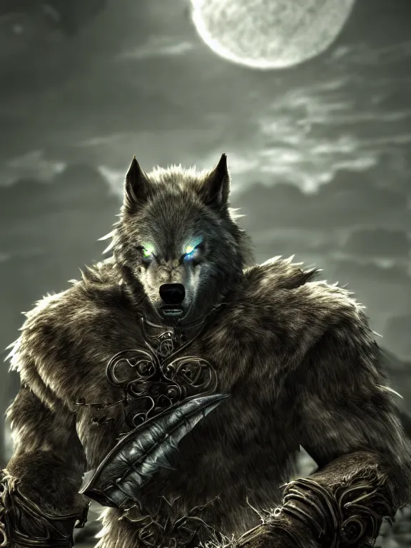 Image similar to cute handsome cuddly burly surly relaxed calm timid werewolf from van helsing unreal engine hyperreallistic render 8k character concept art masterpiece screenshot from the video game the Elder Scrolls V: Skyrim