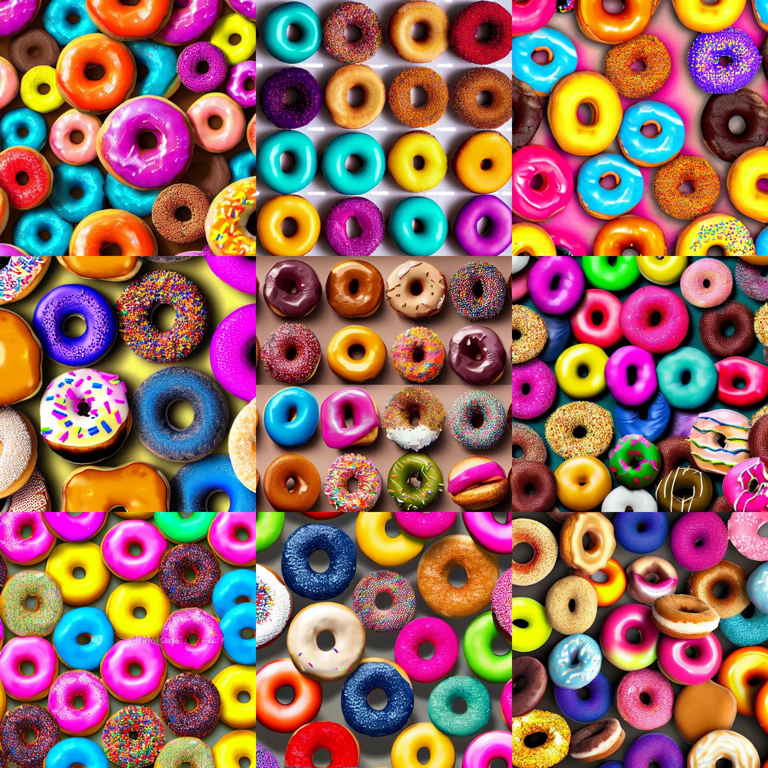 Prompt: a seamless texture of a pile of colourful donuts lying on the ground. realistic, detailed, 4 k ultra hd, professionally done. trending on textures. com