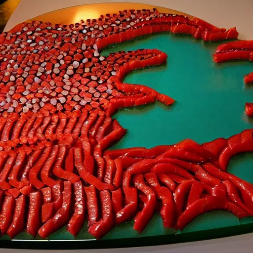 Prompt: A map of the United States made out of sushi. It is on a table next to a glass of red wine.