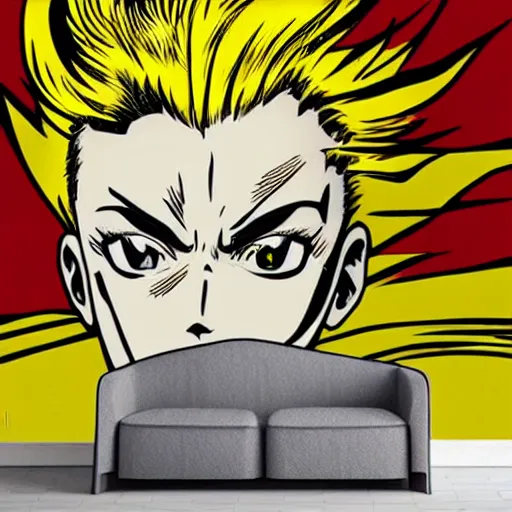 Prompt: Wall mural portrait of Vash the Stampede, urban art, pop art, artgerm, by Roy Lichtenstein