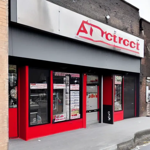 Prompt: Award winning shopfront design, convenience store, anthracite with red accents, metal, paint, textures, highly detailed, bright signage