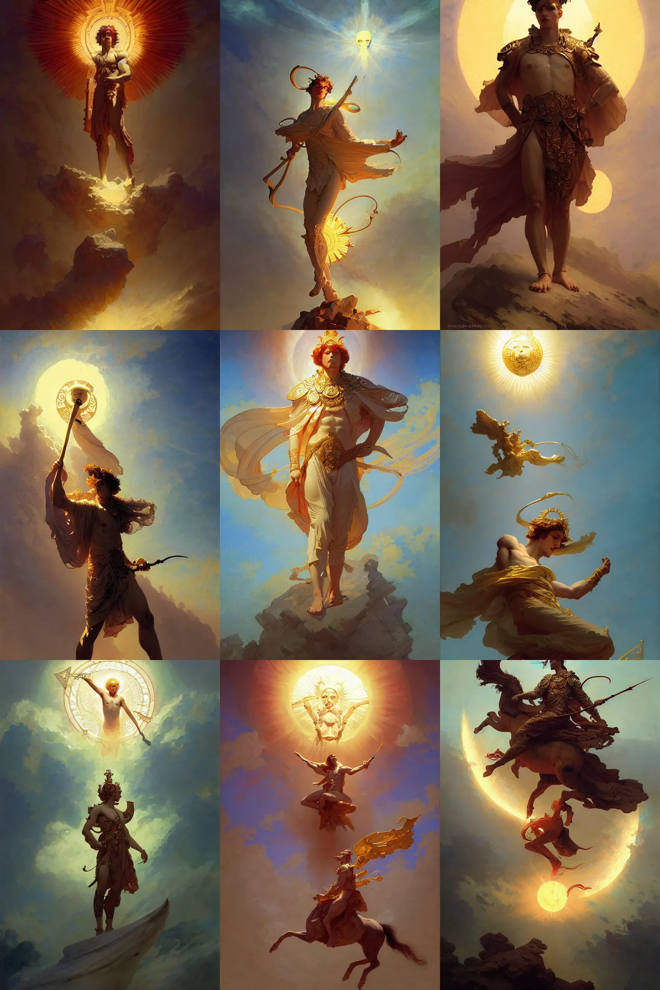 Prompt: young male god of the sun, art nouveau, fantasy, art by joseph leyendecker, peter mohrbacher, ivan aivazovsky, ruan jia, reza afshar, marc simonetti