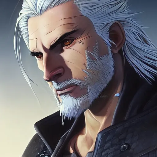 Image similar to well drawn animation portrait Anime Geralt of Rivia Sharp fine face, realistic shaded Perfect face, fine details. Anime realistic shaded lighting by katsuhiro otomo ghost-in-the-shell, magali villeneuve, artgerm, rutkowski Jeremy Lipkin and Giuseppe Dangelico Pino and Michael Garmash and Rob Rey