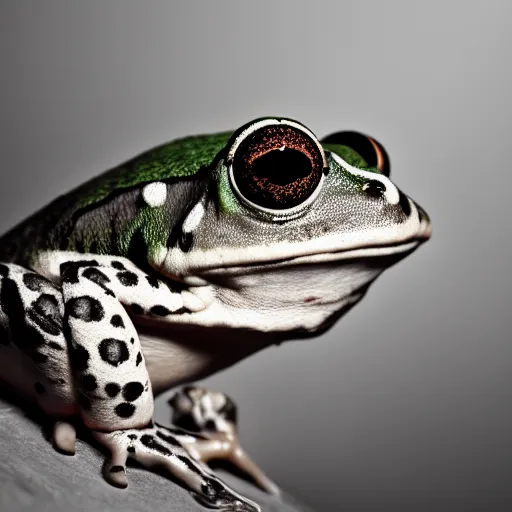 Prompt: photography portrait of a frog with electric skin