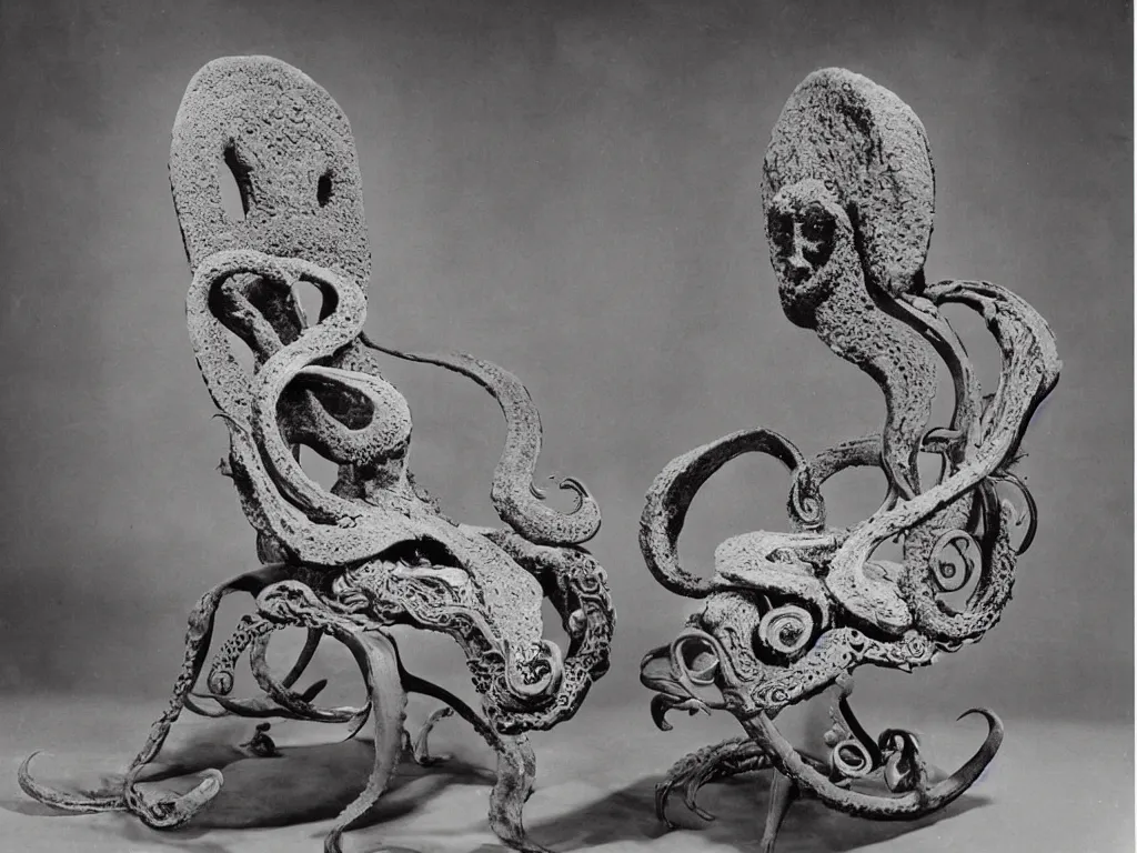 Prompt: flaming gothic stone armchair in the shape of octopus. karl blossfeldt, salvador dali