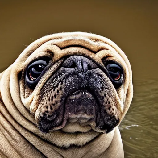 Prompt: a walrus that looks like a pug, national geographic photography