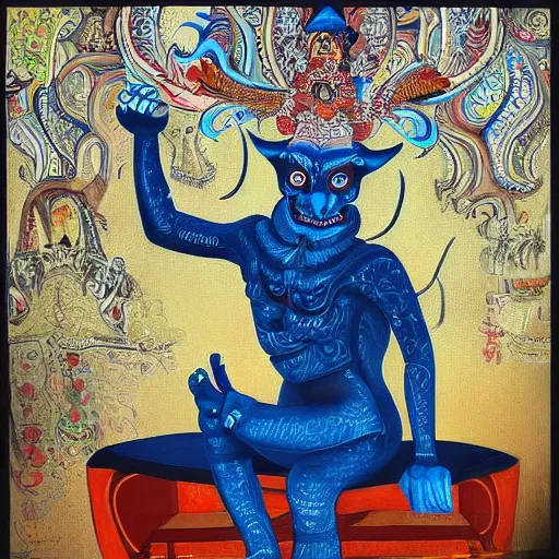 Prompt: a painting of a demon sitting on top of a chair, a detailed painting by ram chandra shukla, pixiv contest winner, bengal school of art, detailed painting, maximalist, art on instagram