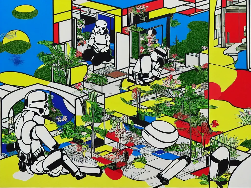 Image similar to hyperrealistic composition of the japanese home with a garden and a pond, 2 stormtroopers sitting around it, pop - art style, jacky tsai style, andy warhol style, roy lichtenstein style, rich palette, acrylic on canvas